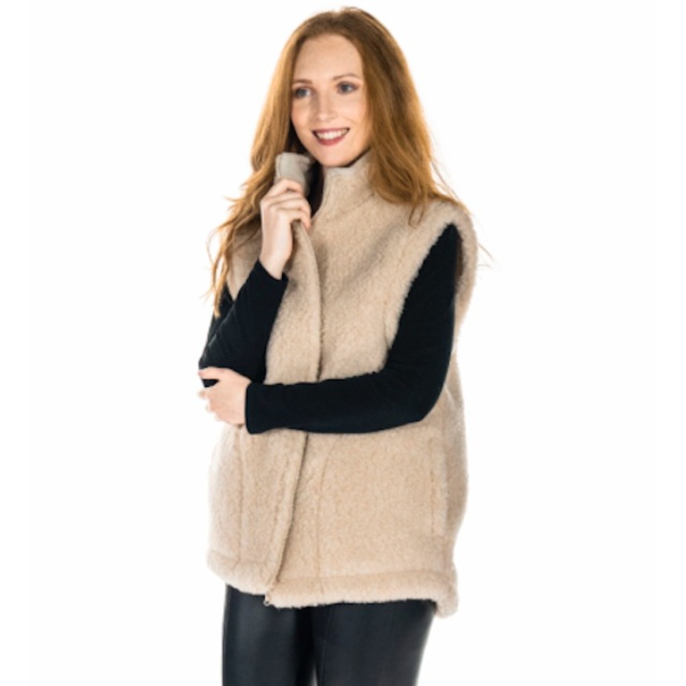 Sheep By The Sea Vest Womens 100% Wool Sherpa Nordic Deep Pile Zip Sz Medium